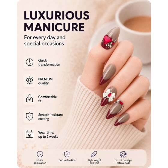 Nude‑Grey Wine‑Red French Almond Press‑On Nails, Sweet Cool False Nails with 3D White Bow & Red Heart Rhinestones